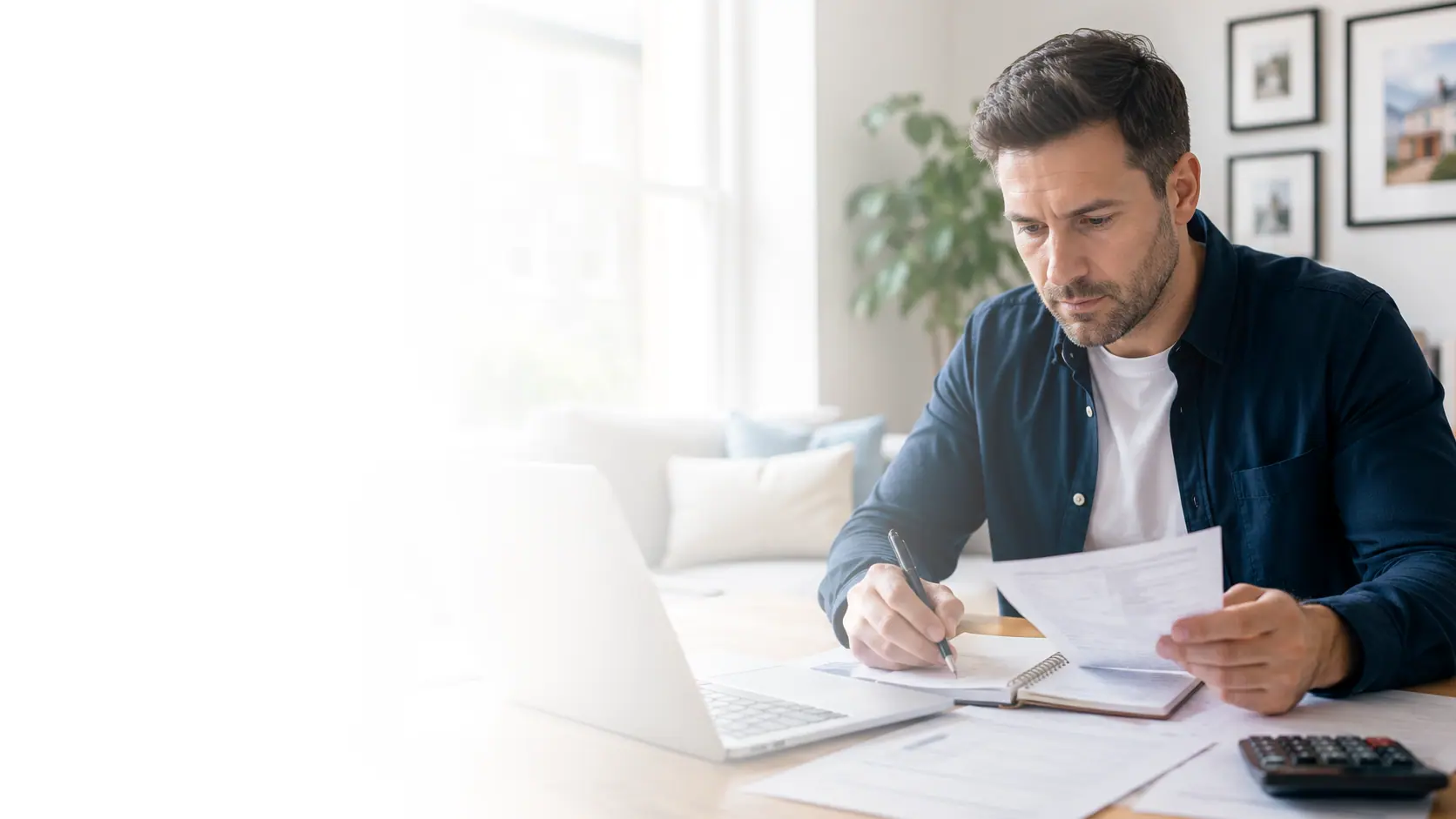 A man in a casual shirt at home reviewing papers with a calculator